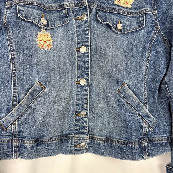 Debra deRoo Embellished Denim‎ Jacket Women’s Large Patch Detail Crown Crest VTG - Picture 4 of 16